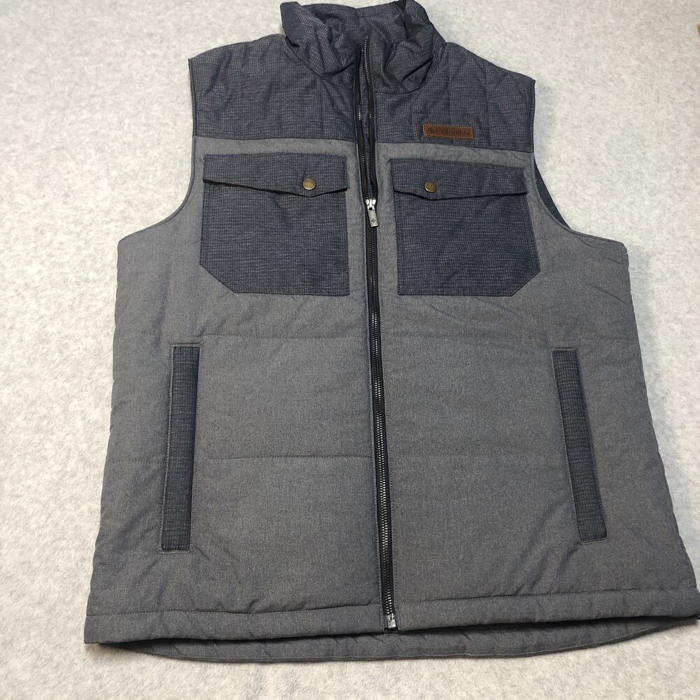 Columbia Vest Jacket Mens Medium Gray Black Gilet Quilted Adjustable 4 Pockets